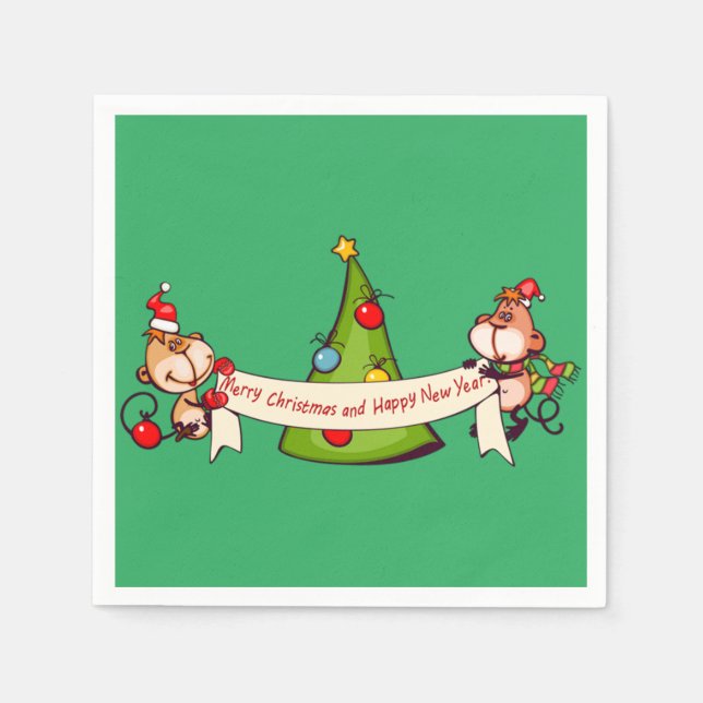 Merry Christmas And Happy New Year Monkeys Napkin (Front)