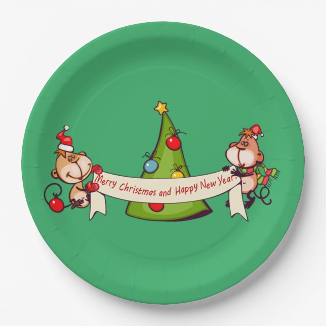 Merry Christmas And Happy New Year Monkeys Paper Plate (Front)