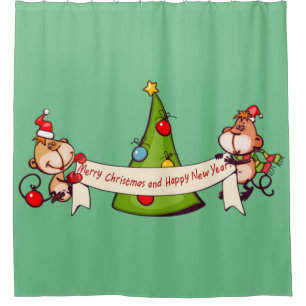 Merry Christmas And Happy New Year Monkeys Shower Curtain