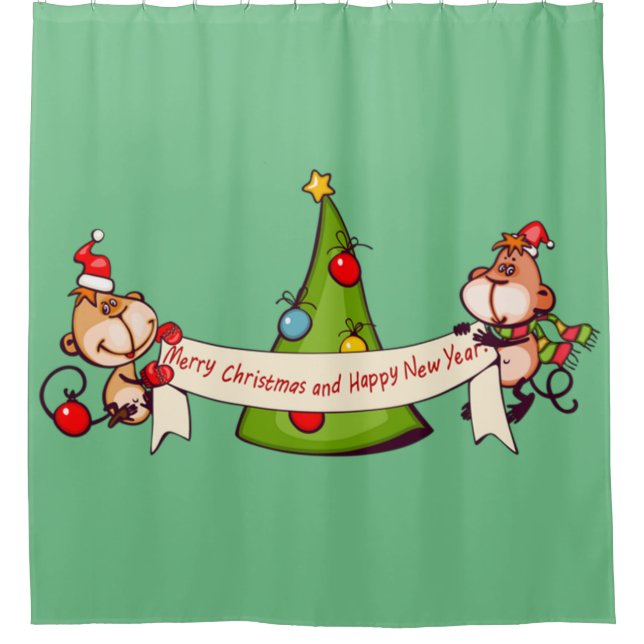 Merry Christmas And Happy New Year Monkeys Shower Curtain (Front)
