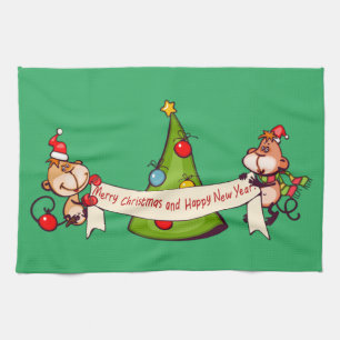 Merry Christmas And Happy New Year Monkeys Tea Towel