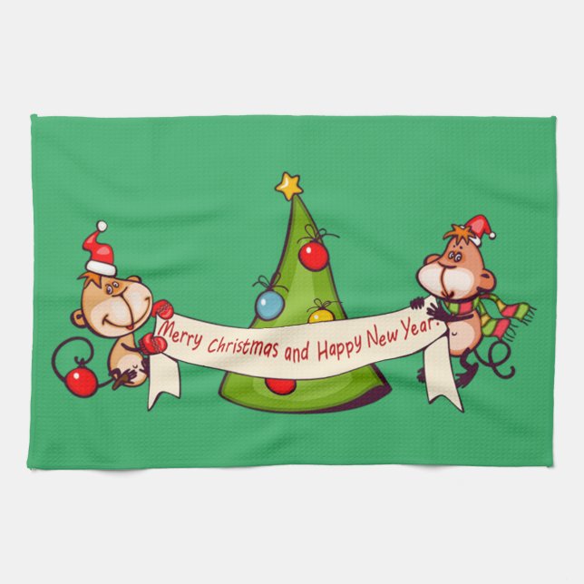 Merry Christmas And Happy New Year Monkeys Tea Towel (Horizontal)