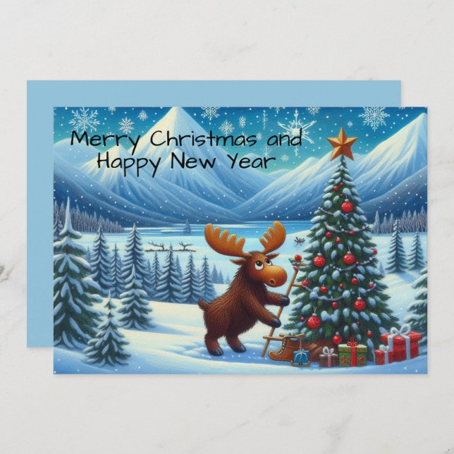 Merry Christmas and Happy New Year Moose Holiday Card (Front/Back)
