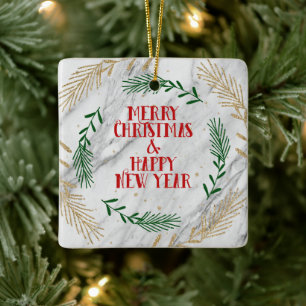 Merry Christmas and Happy New Year  On Marble Ceramic Ornament