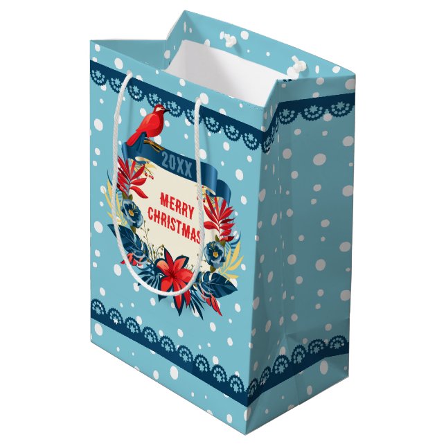 Merry Christmas and Happy New Year! Red Bird Snow Medium Gift Bag (Back Angled)