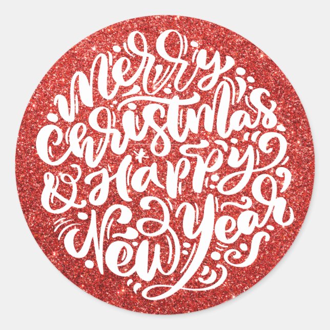 Merry Christmas and Happy New Year Red Glitter Classic Round Sticker (Front)