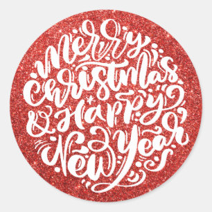 Merry Christmas and Happy New Year Red Glitter Classic Round Sticker