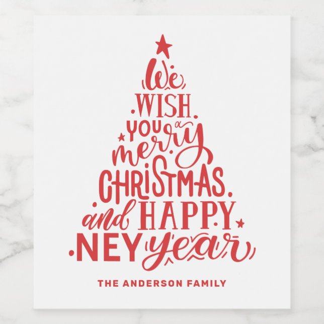 Merry Christmas and Happy New Year. Red lettering Wine Label (Single Label)