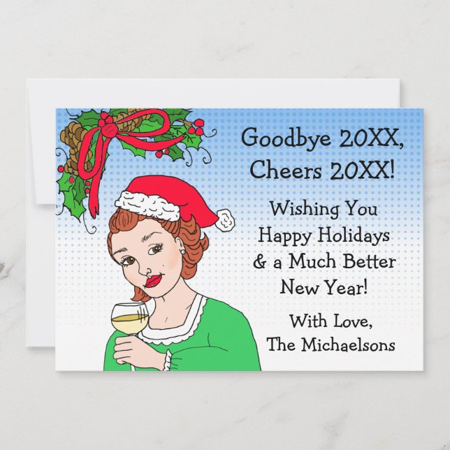 Merry Christmas and Happy New Year Retro Lady Card (Front)
