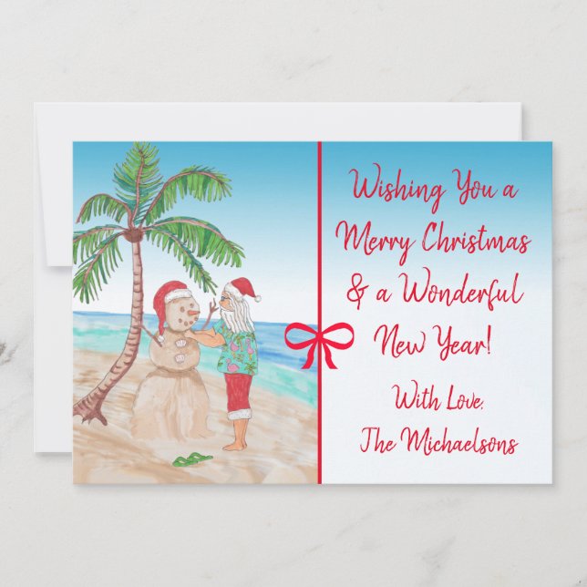 Merry Christmas and Happy New Year Santa on Beach Card (Front)