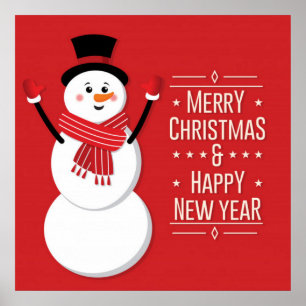 Merry Christmas and Happy New Year Snowman on Red Poster