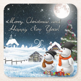 merry christmas and happy new year square paper coaster