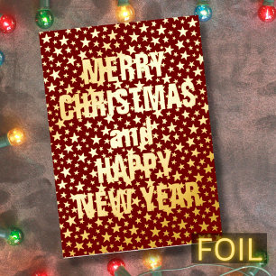 Merry Christmas and Happy New Year star burgundy Foil Holiday Card
