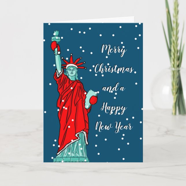 Merry Christmas and Happy New Year Statue Liberty Holiday Card (Front)