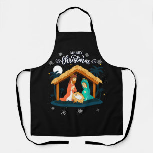 Merry Christmas And Nativity Scene Christian Faith Apron