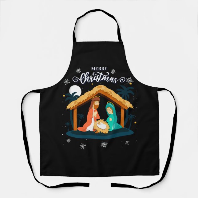 Merry Christmas And Nativity Scene Christian Faith Apron (Front)