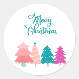 merry christmas and pink christmas trees classic round sticker