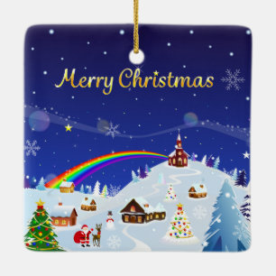 Merry Christmas and Rainbow Santa Ceramic Ornament