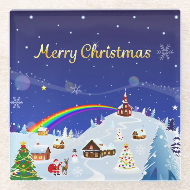 Merry Christmas and Rainbow Santa Glass Coaster (Front)