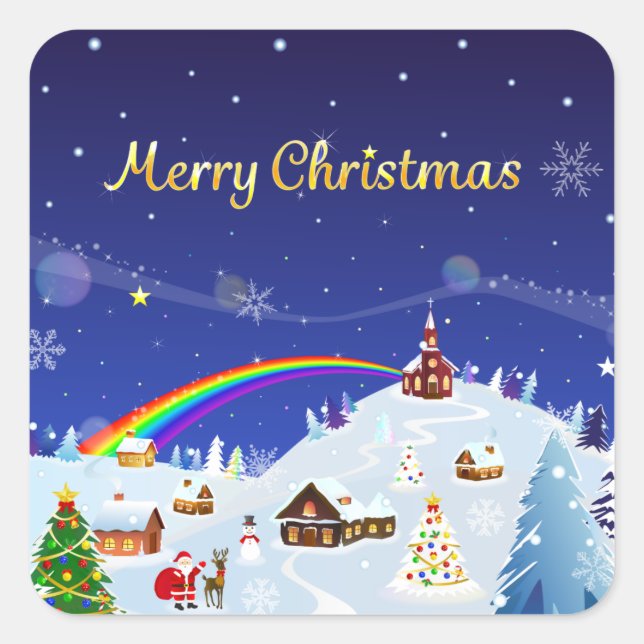 Merry Christmas and Rainbow Santa Square Sticker (Front)