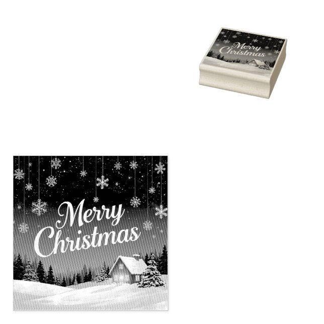 Merry Christmas and Snow Scene Rubber Stamp (Stamped)