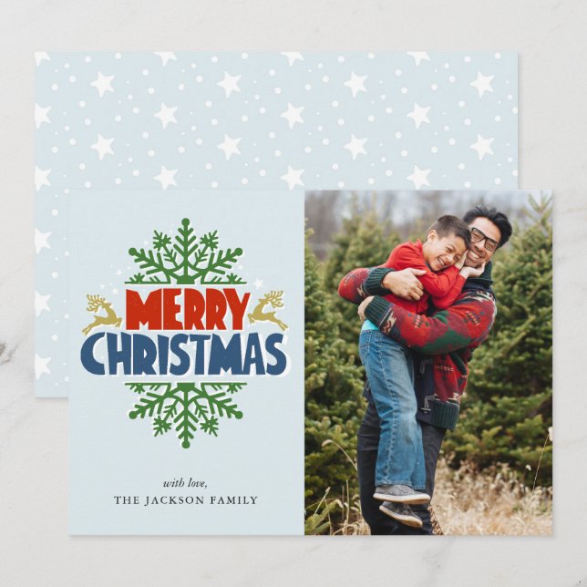 Merry Christmas and Snowflake Photo Christmas Card (Front/Back)