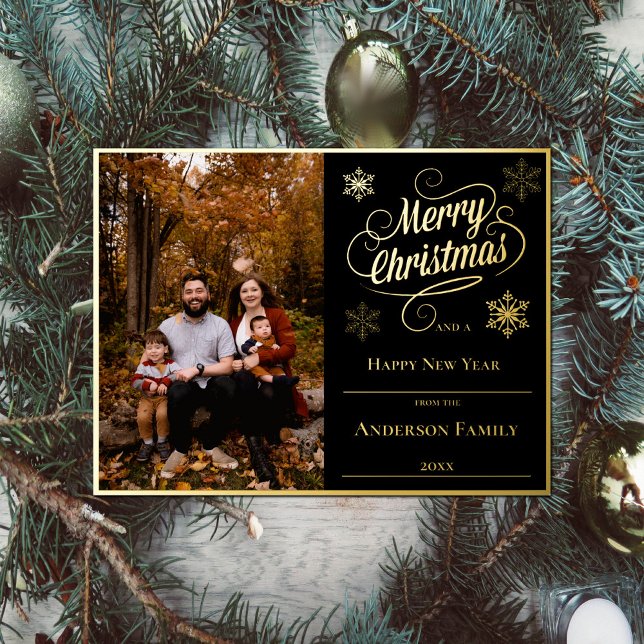 Merry Christmas and Snowflakes Photo | Black Foil Holiday Postcard (Merry Christmas and Snowflakes Black Photo Holiday Foil Card)