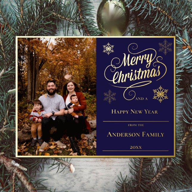 Merry Christmas and Snowflakes Photo | Blue Foil Holiday Postcard (Merry Christmas and Snowflakes Blue Photo Holiday Foil Card)