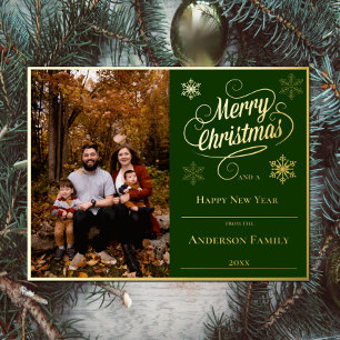 Merry Christmas and Snowflakes Photo   Green Foil Holiday Postcard