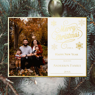 Merry Christmas and Snowflakes Photo White Foil Holiday Postcard