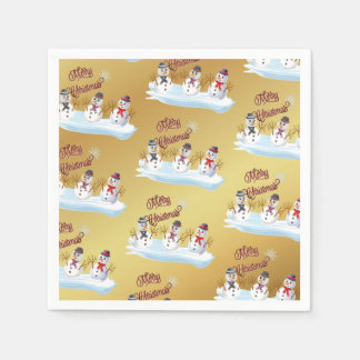 Merry Christmas and snowmen on faux gold Napkin