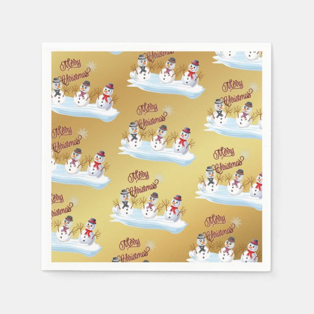 Merry Christmas and snowmen on faux gold Napkin (Front)