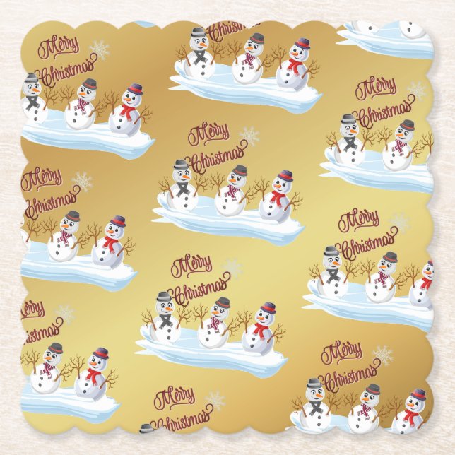 Merry Christmas and snowmen on faux gold Paper Coaster (Front)