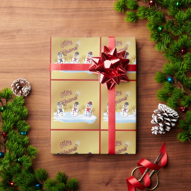 Merry Christmas and snowmen on faux gold Wrapping Paper (Holiday Gift)