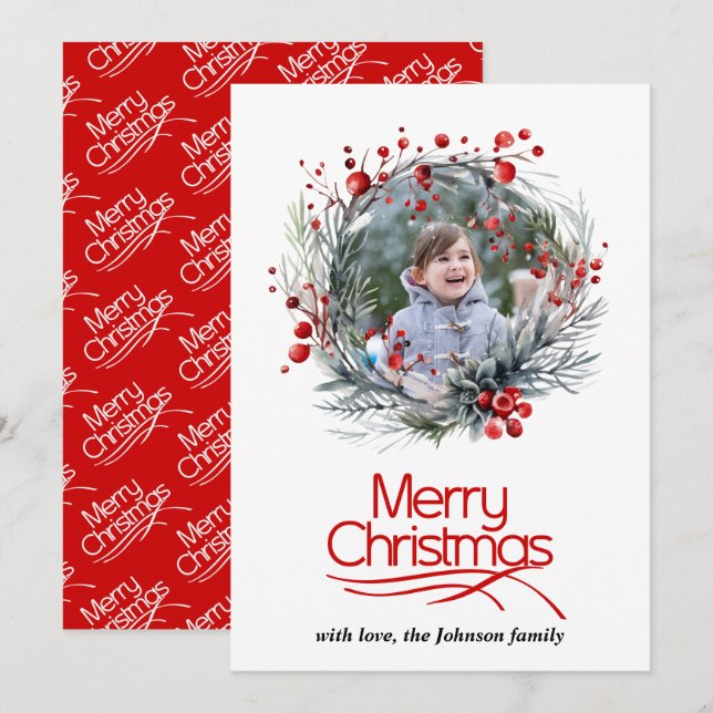 Merry Christmas and wreath with red berries photo Holiday Card (Front/Back)