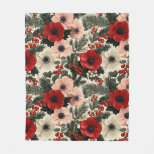 Merry Christmas Anemone Floral Background Fleece Blanket