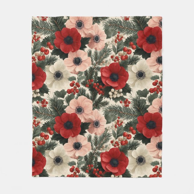 Merry Christmas Anemone Floral Background Fleece Blanket (Front)