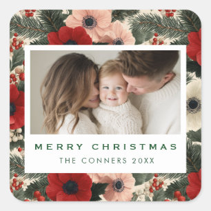 Merry Christmas Anemone Floral Background Square Sticker