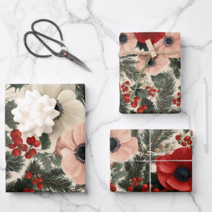 Merry Christmas Anemone Floral Background Wrapping Paper Sheet
