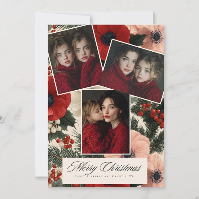 Merry Christmas Anemone Floral holiday 3 photo Card (Front)