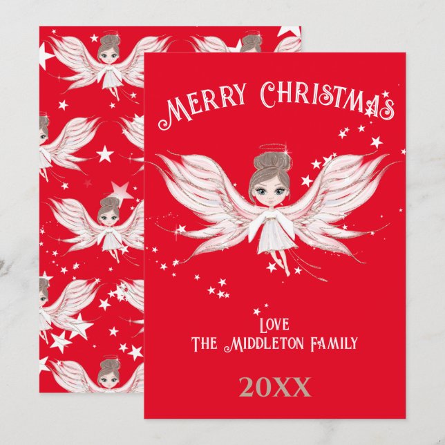 Merry Christmas Angel Dark Hair Red  Holiday Card (Front/Back)