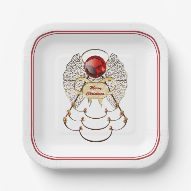 Merry Christmas Angel Red/Gold Filigree Paper Plate (Front)