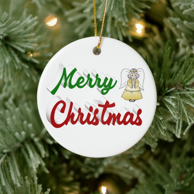 Merry Christmas Angel red green script  Ceramic Tree Decoration (Tree)
