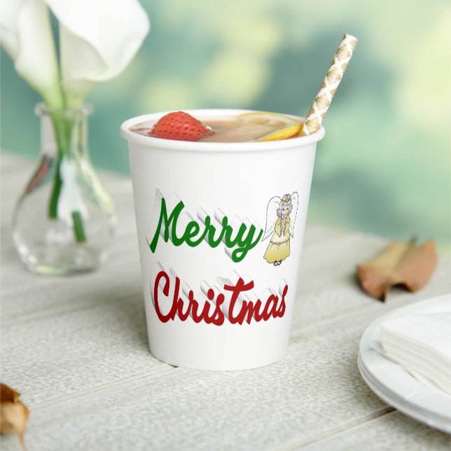 Merry Christmas Angel red green script  Paper Cups (Insitu)