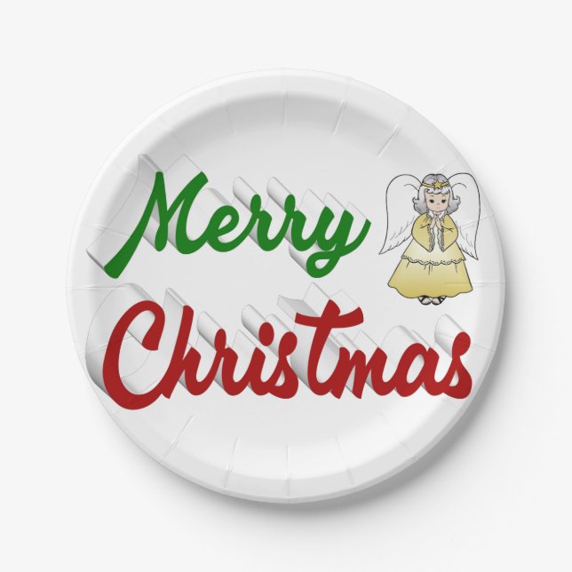 Merry Christmas Angel red green script Paper Plate (Front)