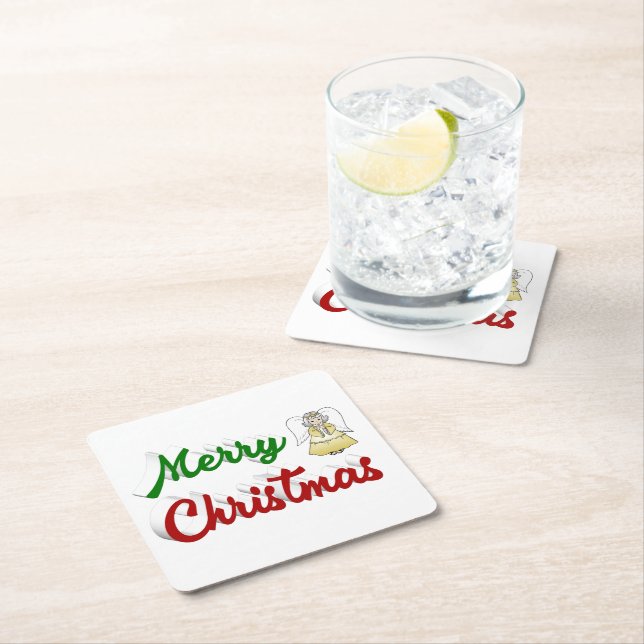 Merry Christmas Angel red green script  Square Paper Coaster (Insitu)