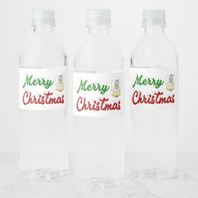 Merry Christmas Angel red green script Water Bottle Label (Bottles)