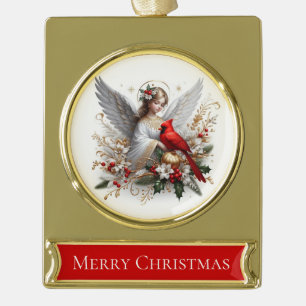 Merry Christmas – Angel with Cardinal Gold Plated Banner Ornament