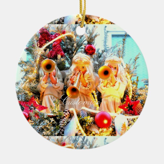 Merry Christmas angels customised Ceramic Tree Decoration (Front)
