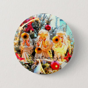 merry christmas angels trumpeting 6 cm round badge